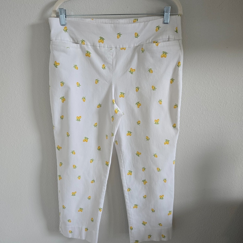 Cooper & Ella Capri Pants Womens 12 White Lemon Print Stretch Pull On Pockets